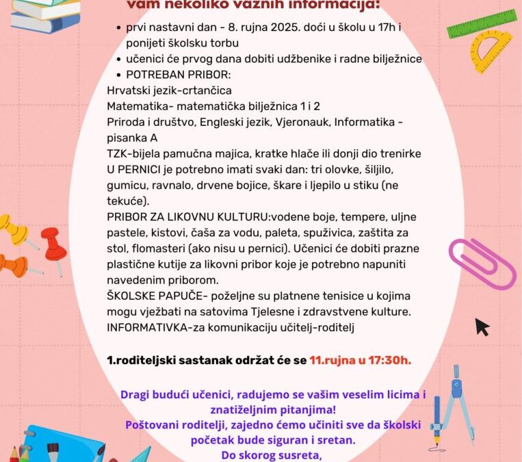 Obavijest prvašićima i roditeljima